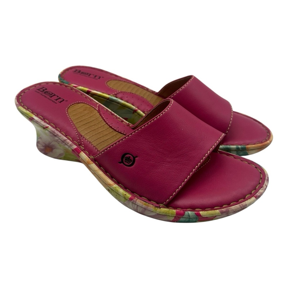 Born Sandals Women Sz 9 Pink Leather BOHO‎ Flower Wedge Slides Slip On Shoes
